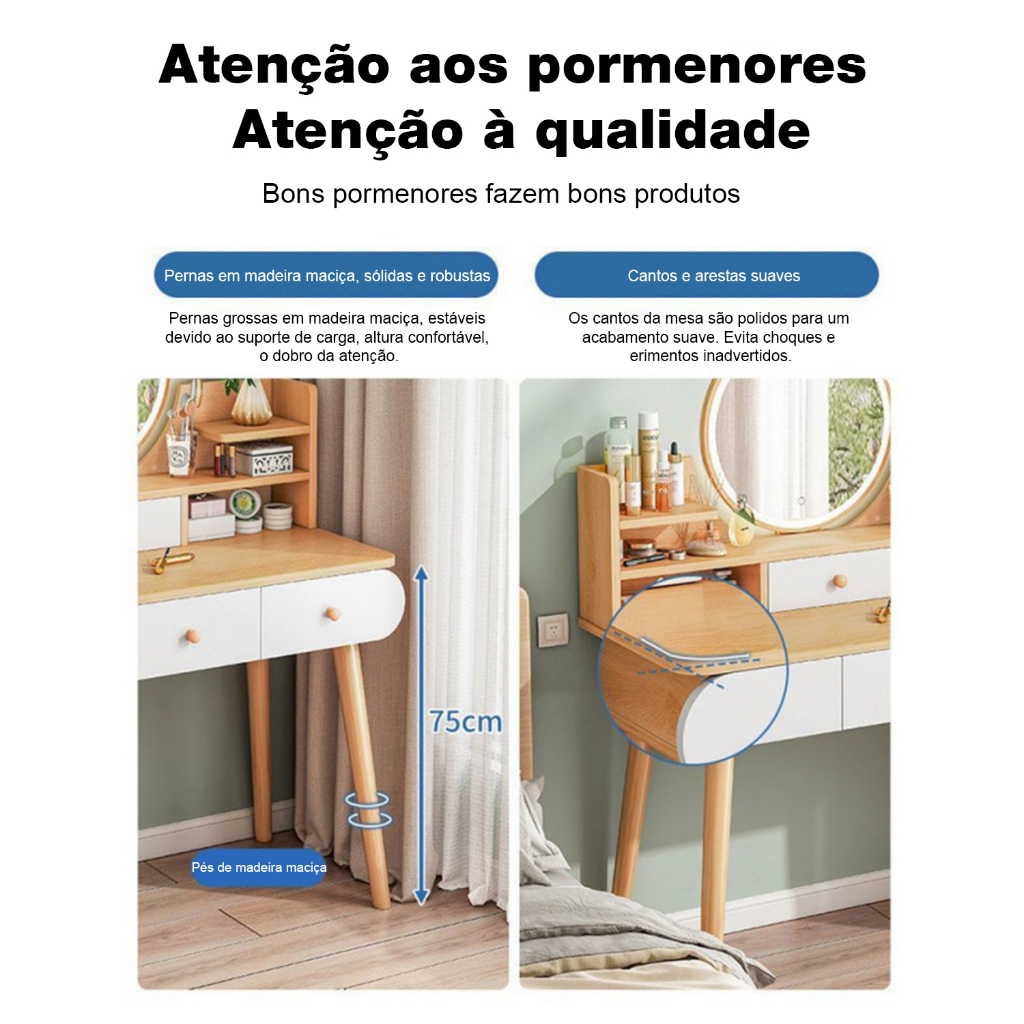 Penteadeira de quarto com 4 gavetas Mesa de maquiagem multifuncional LED Cor da madeira Yesop — imagem 2 de 2