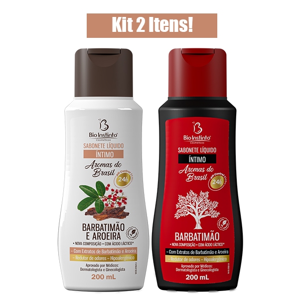 KIT 2 ITENS 1Sabonete Íntimo Aromas do Brasil BARBATIMÃO e AROEIRA 200ml + 1 Sabonete Íntimo Aromas do Brasil BARBATIMÃO