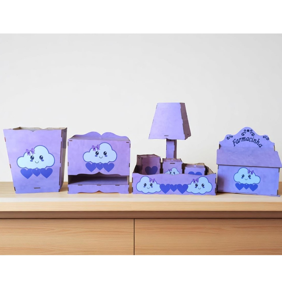 Kit Higiene Bebê Chuva De Amor  Adesivado Decorado Mdf 8 Peças