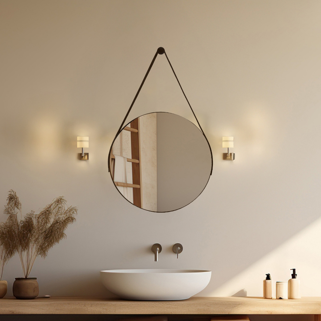 Espelho Adnet 30cm com Alça de Couro e Suporte para Banheiro Quarto Sala em Oferta na Shopee