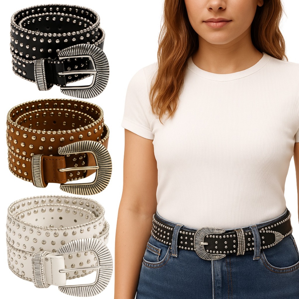 Cinto Feminino Country Fivela Tachas Boho Chic Casual