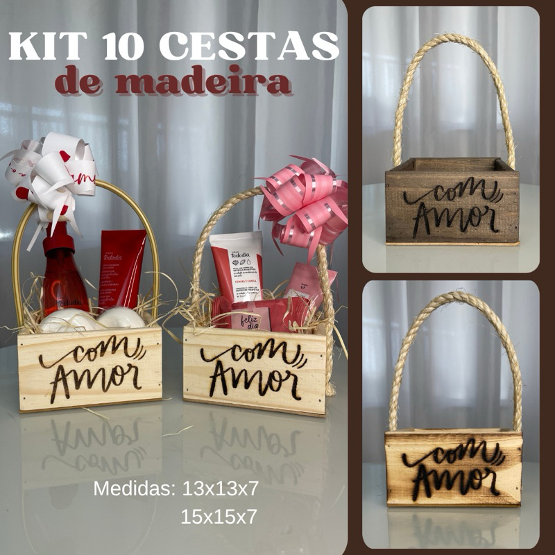 Kit 10 Cestas Quadradas de Madeira Artesanal p/ Presentes, Cosméticos e Lembranças personalizados – Várias Cores e Alças em Oferta na Shopee