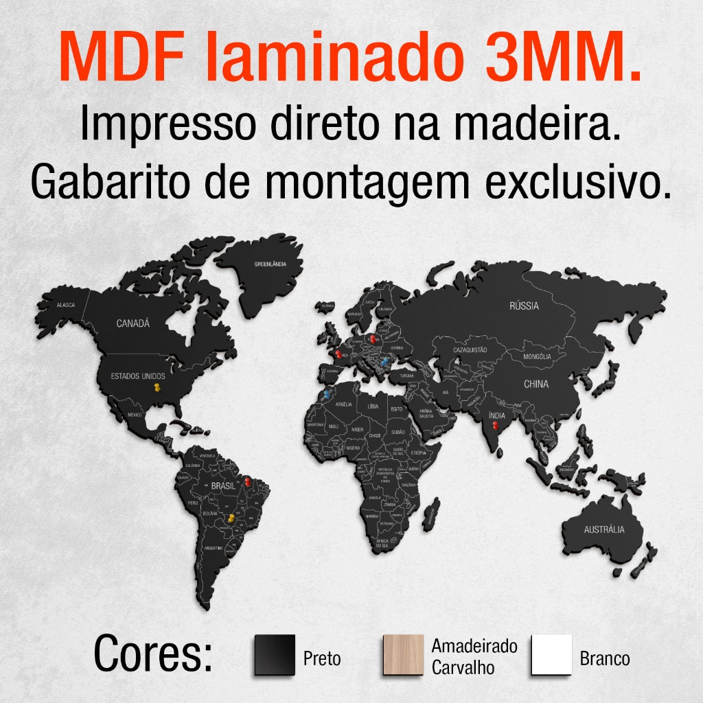 Mapa-múndi de madeira - MDF 3MM - Mapa de viagens, impressão UV - Acompanha PINS marcadores