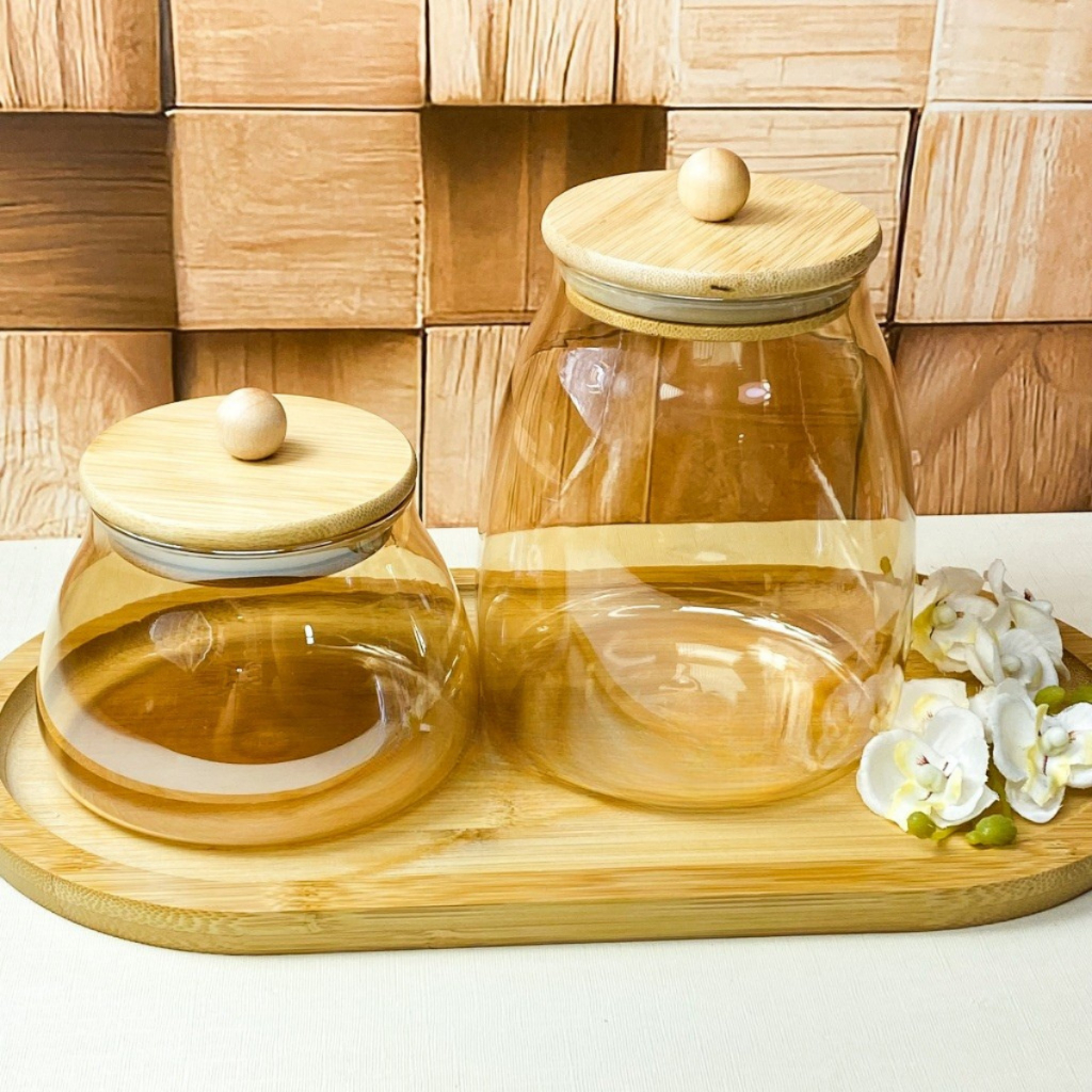 Conjunto com 3 Potes de Vidro Dourado tampa hermética de bambu P/ mantimentos kit organização cozinha decoração