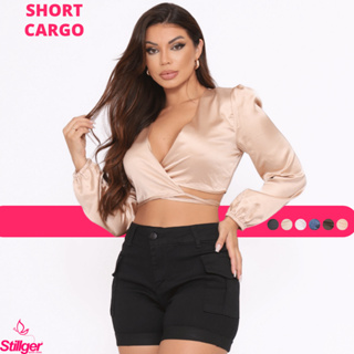 Short Jeans Cargo Cintura Alta Levanta Bumbum Com Lycra em Oferta na Shopee