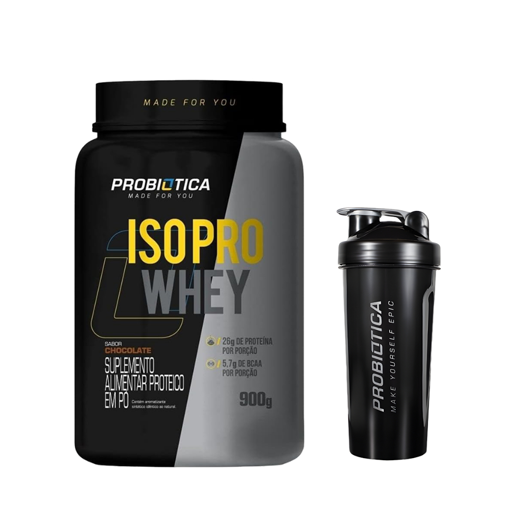 Kit Iso Pro Whey Pobiótica Pote 900g Chocolate + Coqueteleira 700ml