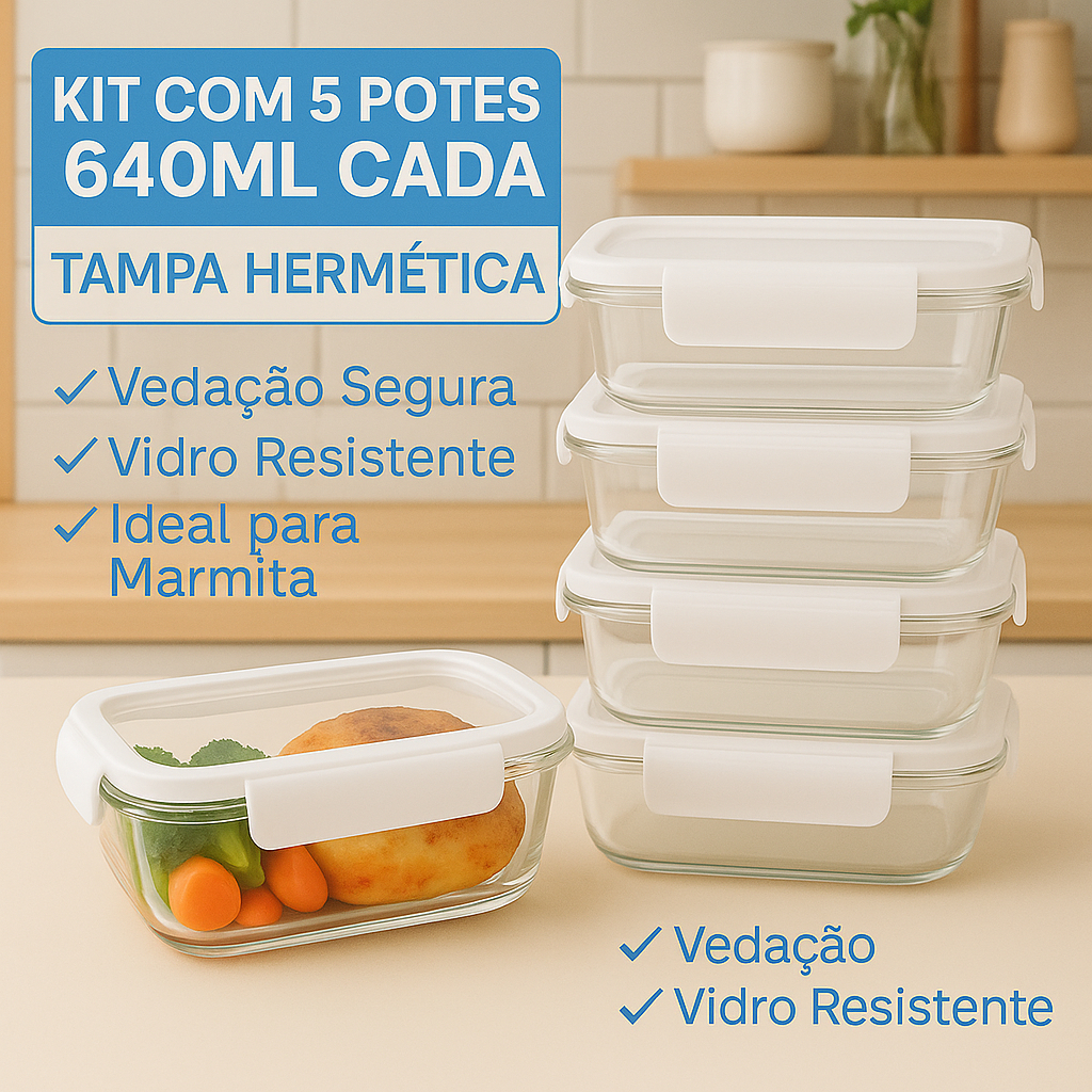 Kit 5 Potes de Vidro Herméticos 640ml p/ Marmita – Tampa com Trava, Ideal p/ Freezer e Mic...