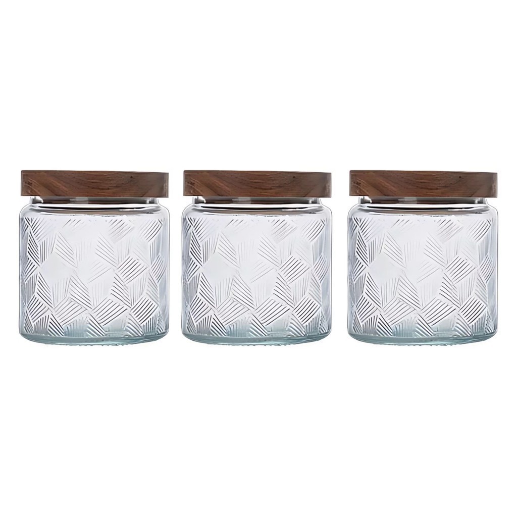 Kit 3 Pote De Vidro 550ml Baleiro Redondo Hermético Tampa Acácia Madeira Rústico Elegante Decorativo