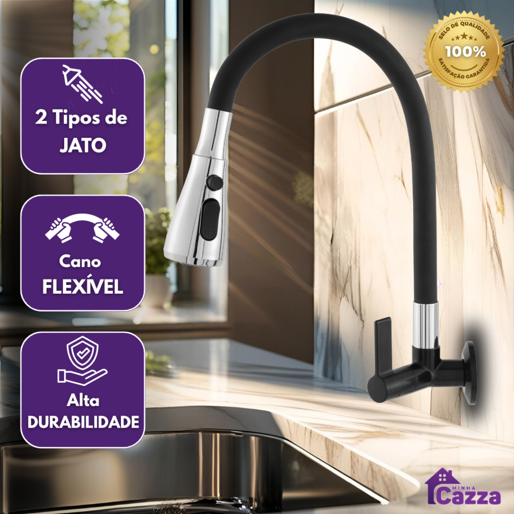 Torneira de Parede Cozinha Gourmet Preta Flexivel 2 Jatos 1/4 de volta para mesa pia bancada e mármore