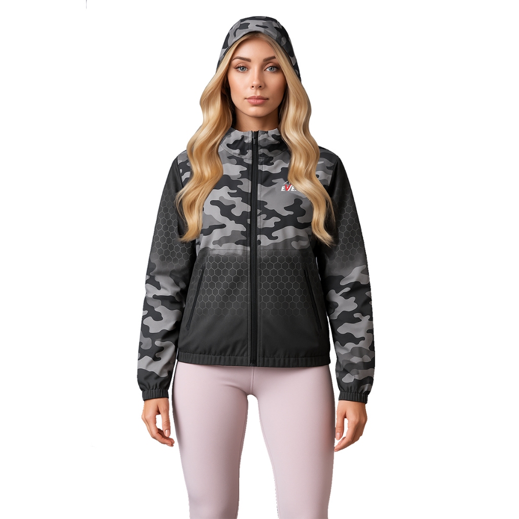 Jaqueta Corta Vento Feminina Com Capuz Camuflada Preto