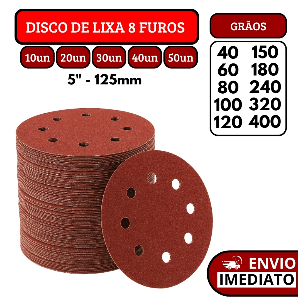 Kit Disco De Lixa Com Velcro Circular 8 Furos Para Lixadeira Madeira Metal Massa Corrida - 5" 125mm