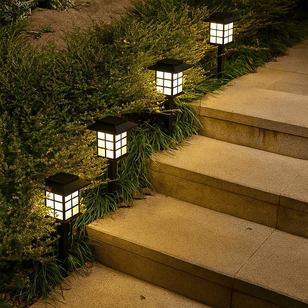 Kit 4 Luzes Solares Decorativas IP65 – Iluminação para Jardim e Varanda, 37cm, Design Janela
