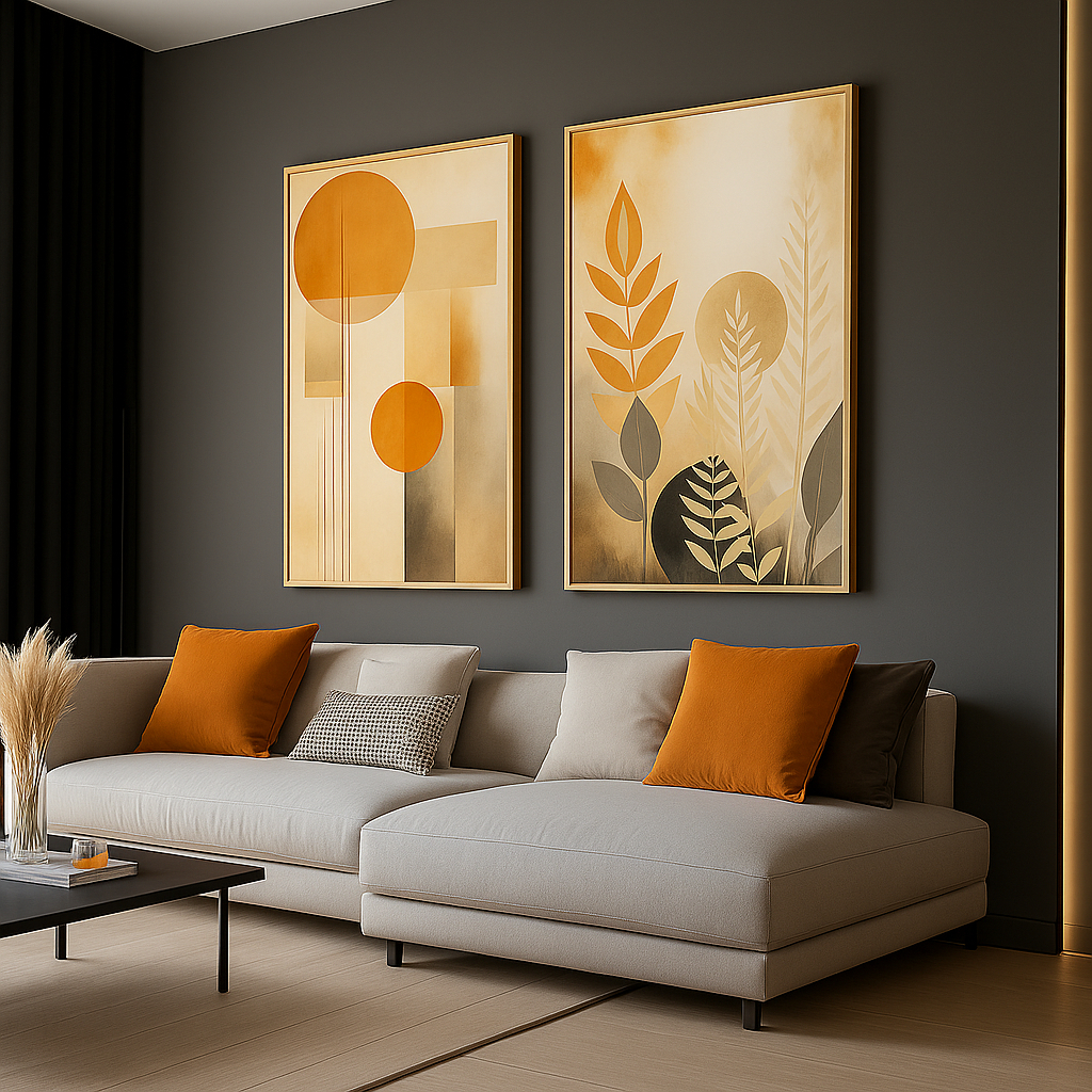 Kit 2 Quadros Decorativos Com Moldura 50x70 Folhagem Dourada Grande Moderno