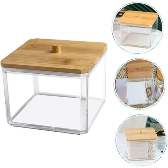 Organizador Acrílico Com Tampa De Bambu 9.5x9x8cm Penteadeira Algodão Cotonete Armazenamen...