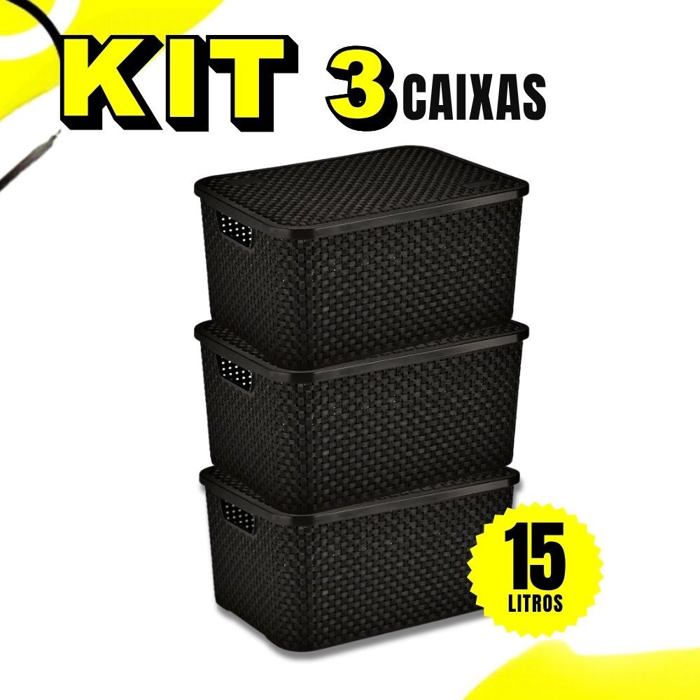 Kit 3 Caixa Organizadora 15l Com Tampa Rattan Cesto Para Brinquedo Organizador de Ármario