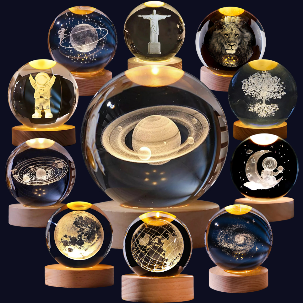 Luminária Led 3D Bola De Cristal Espaço Sideral Abajur Decorativo Diversos Modelos Enfeites Lua Leão em Oferta na Shopee