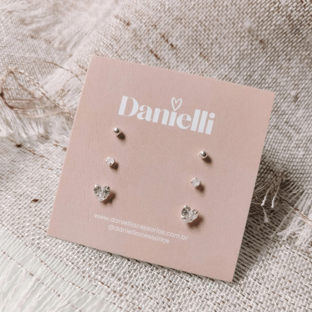 Trio de Brincos Prata 925 Coração Cristal - Zircônia Rosa Leitoso - Bolinha em Oferta na Shopee