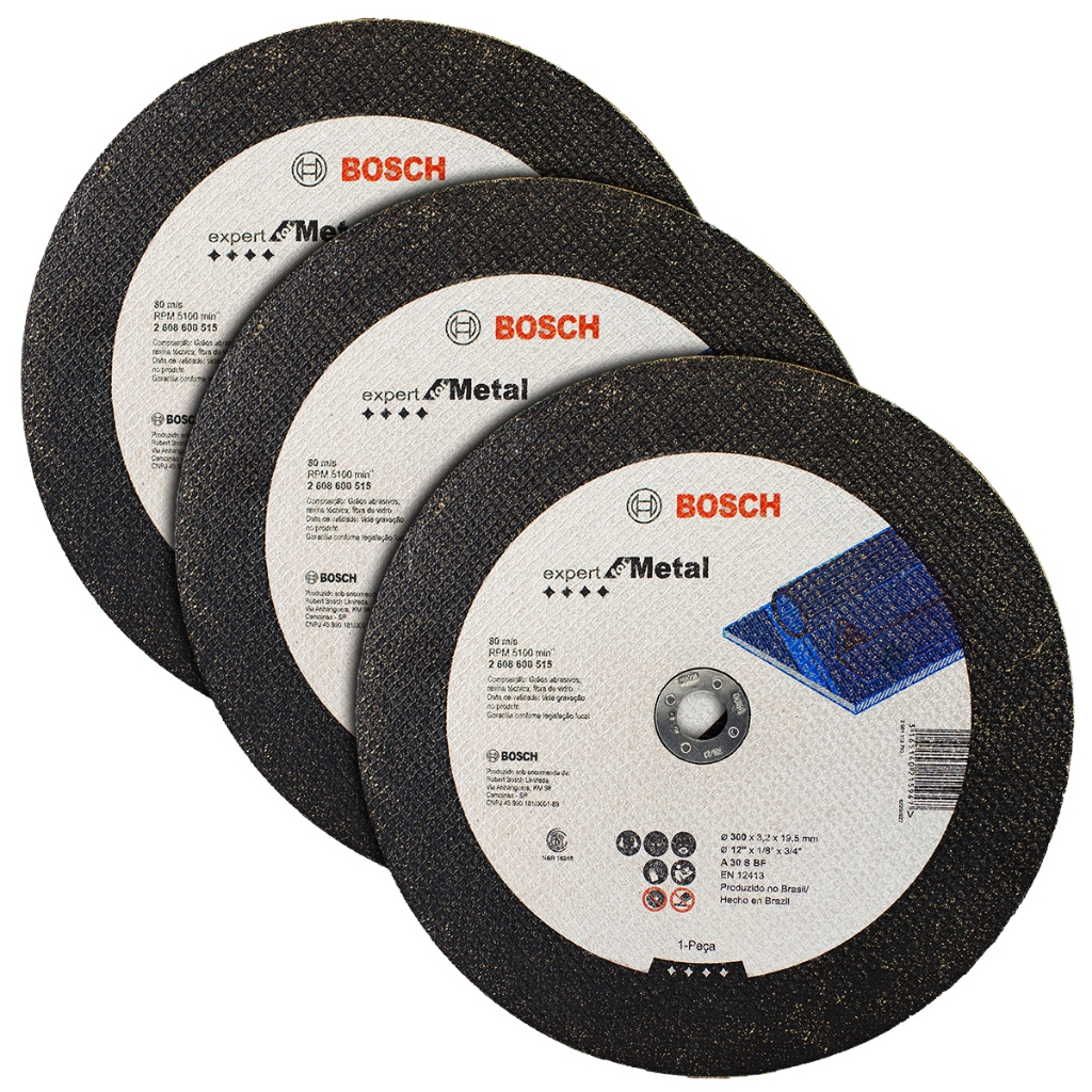 Discos de Corte 300mm Bosch p/ Metal Expert Kit com 3 Centro Deprimido 12" em Oferta na Shopee