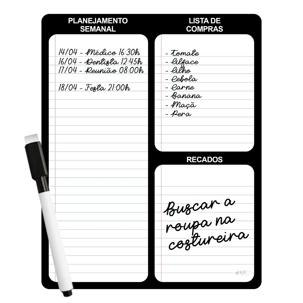 Lousa de Geladeira Imantada com Caneta – Planner Semanal Recados e Lembretes