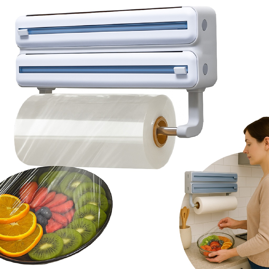 Suporte De Papel Toalha Alumínio Filme Para Cozinha 3 Em 1 Não Enrola Linha Premium