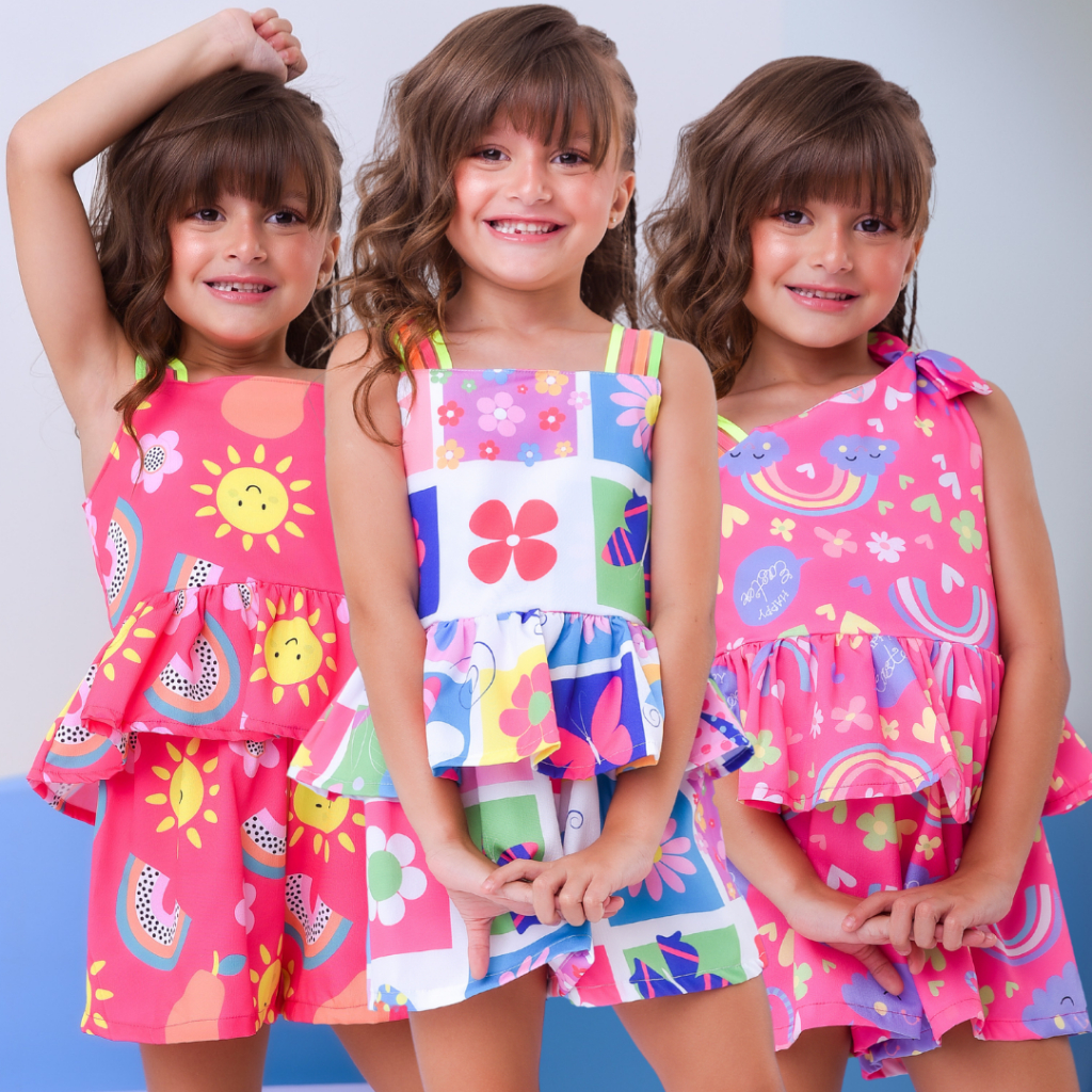 conjunto infantil menina estampa colorida short e blusa tecido sedinha em Oferta na Shopee