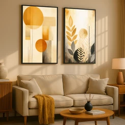Kit 2 Quadros Decorativos Com Moldura Folhagem Dourada Luxuoso Grande Moderno