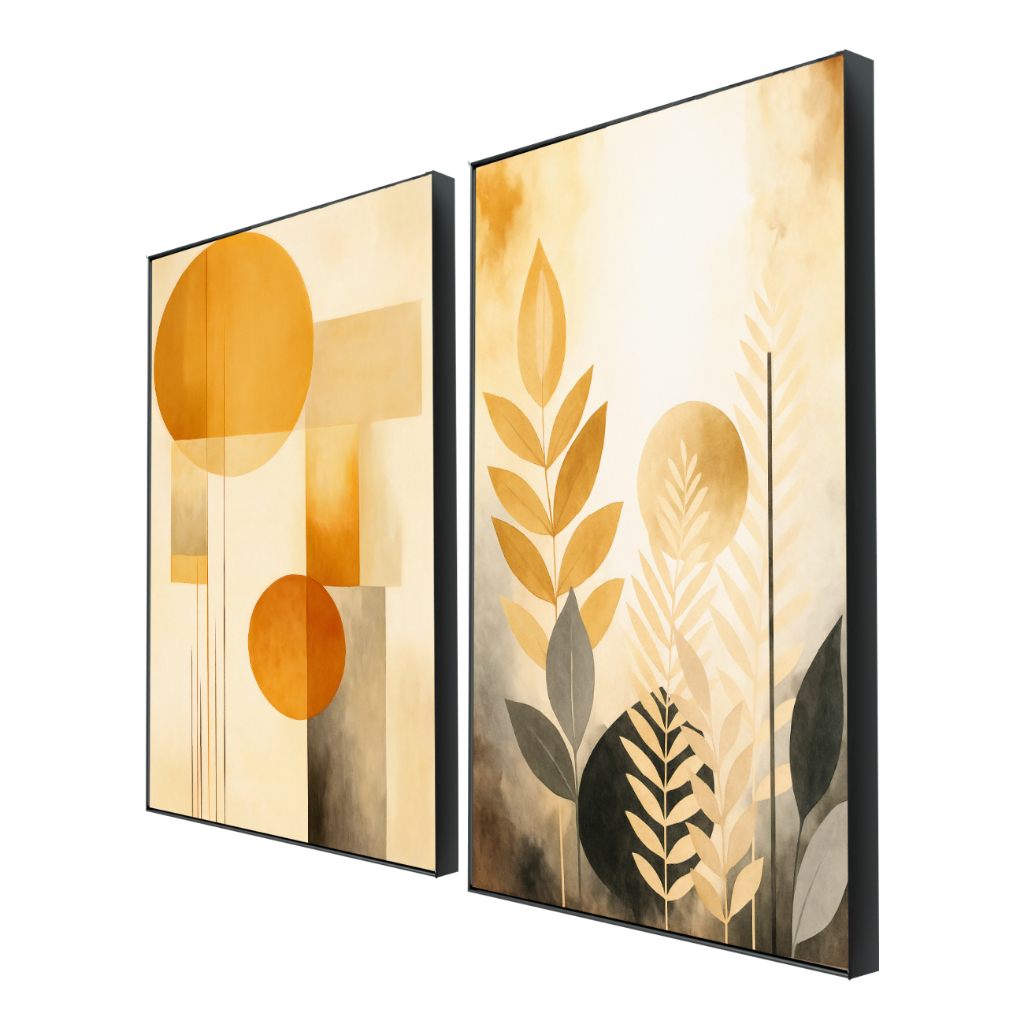 Kit 2 Quadros Decorativos Com Moldura 50x70 Folhagem Dourada Grande Moderno — imagem 2 de 2