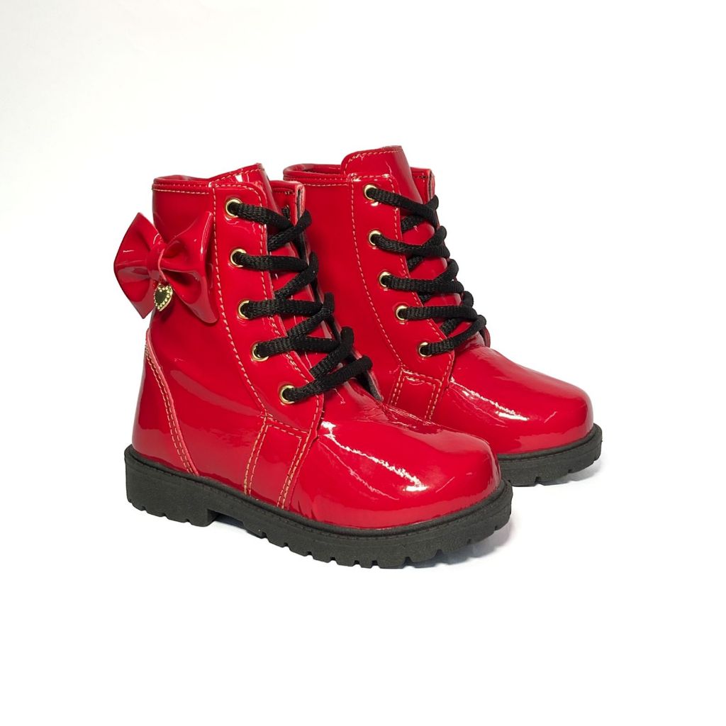Bota Coturno Tratorada Infantil Menina Verniz Vermelho Laço Feminino do 20 ao 34