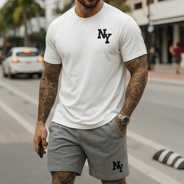 Conjunto Masculino Estampado Camiseta e Bermuda Moletom Streetwear New York