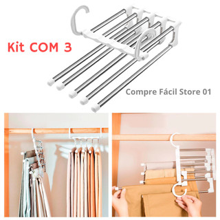 Kit 3 Cabides Organizador Para Calças em Inox 5 em 1 Calças Saias Bermudas