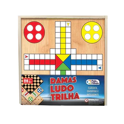 Kit com 3 Jogos Ludo, Damas & Trilha em Madeira- Pais e Filhos 2212