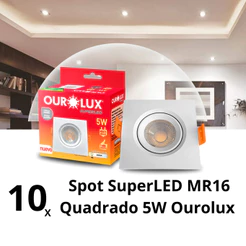 Kit 10 Spot SuperLed MR16 Quadrado 5W Ourolux
