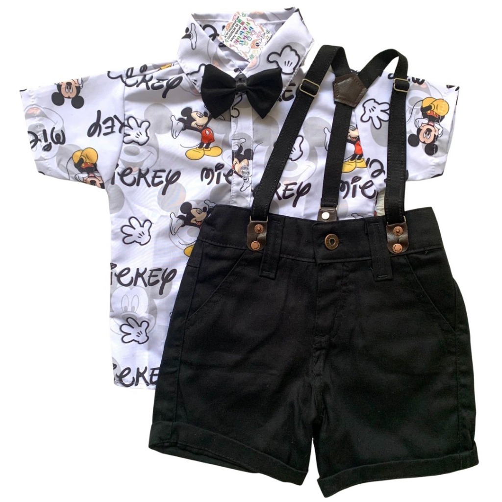 Conjunto Bebê MICKEY BRANCO Menino para Casamento ou Festa – Camisa Social MICKEY BRANCO com Suspensório e Bermuda