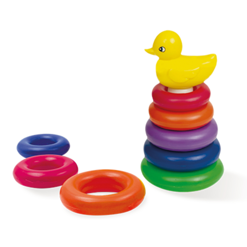 Brinquedo Infantil Educativo Torre de Argolas Coloridas Pirâmide de Argolas de Empilhar Patinho Banho 5 Andares