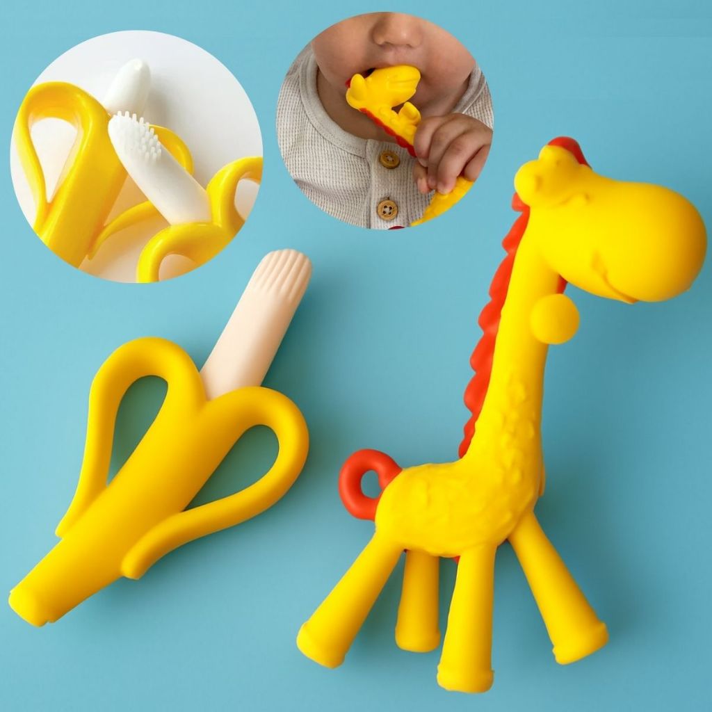 Mordedor Silicone Escovinha Dentição Banana e Girafa Brinquedos para Bebes Massageador Animais em Oferta na Shopee