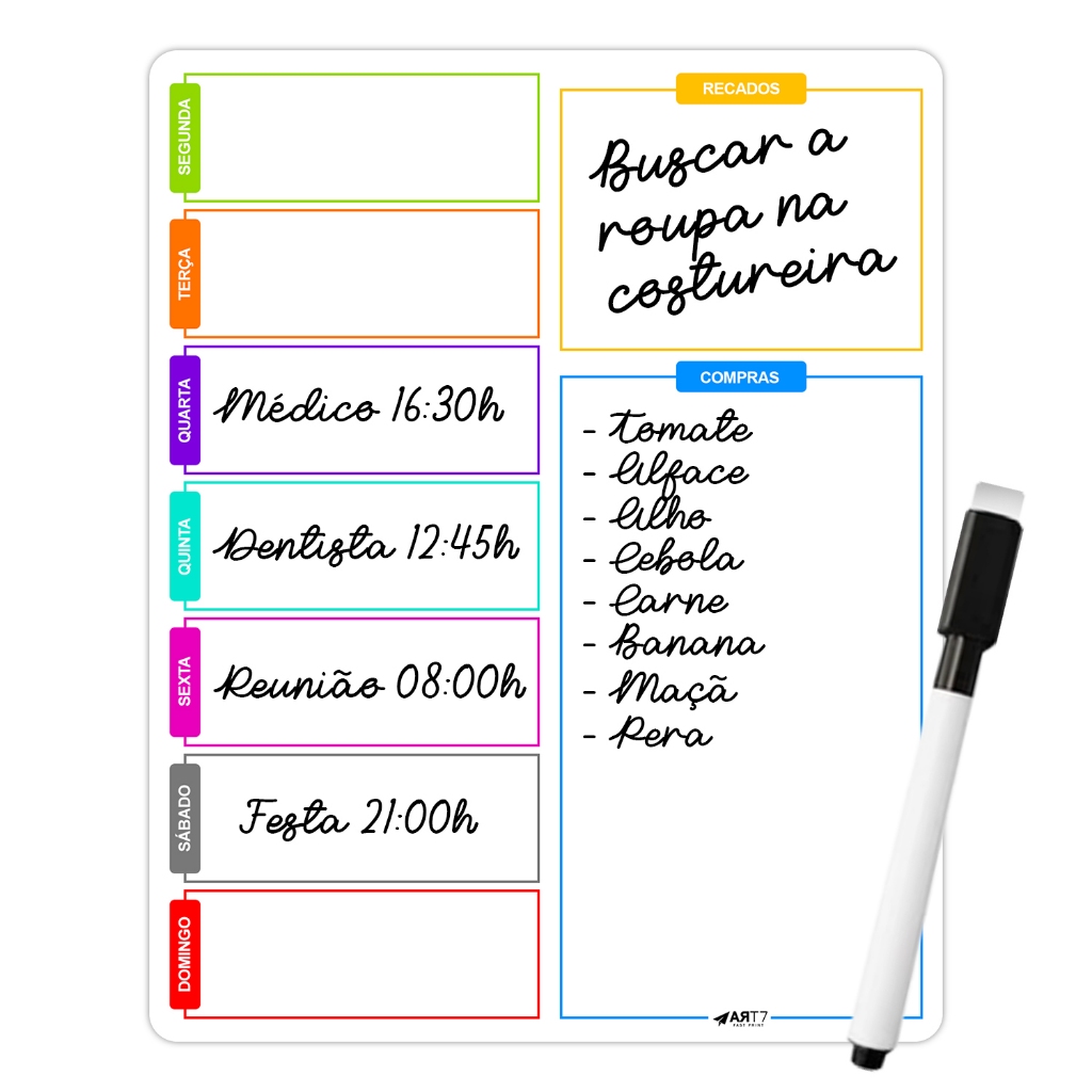 Planner Imantado Semanal com Caneta p/ Geladeira – Anote Recados e Compromissos