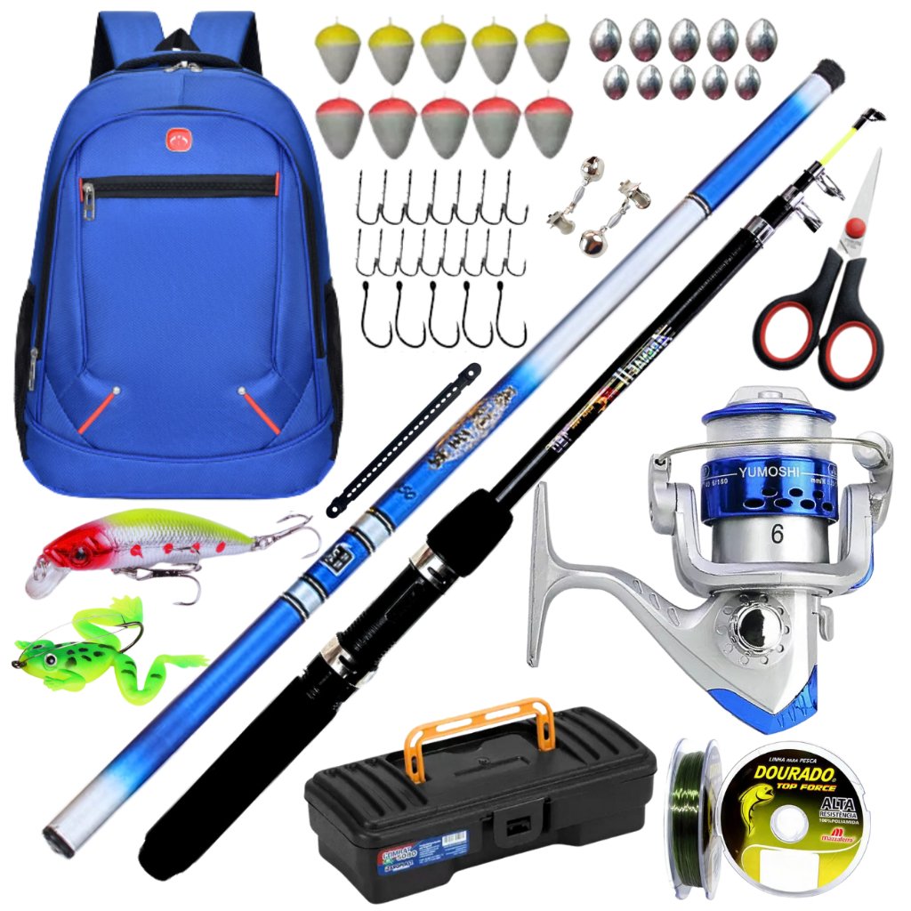 Molinete de Pesca com Vara de Mão Mochila Isca Artificial Anzol Kit Pescar Tucunare Tilapia Traira