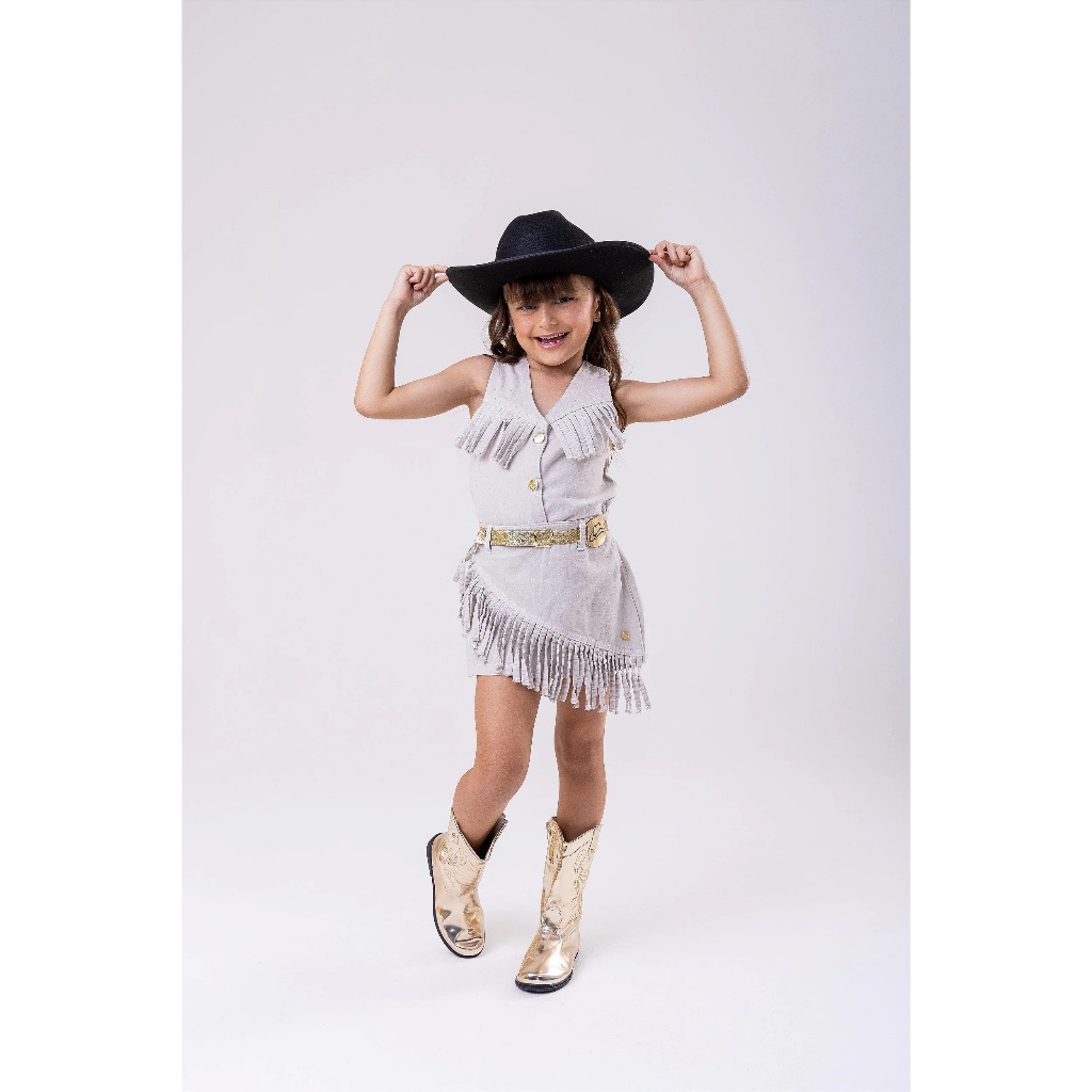 Conjunto Jeans Off White Blogueirinha Boiadeira Infantil Menina Festa Casual Aniversário Dia a Dia Verão Juvenil