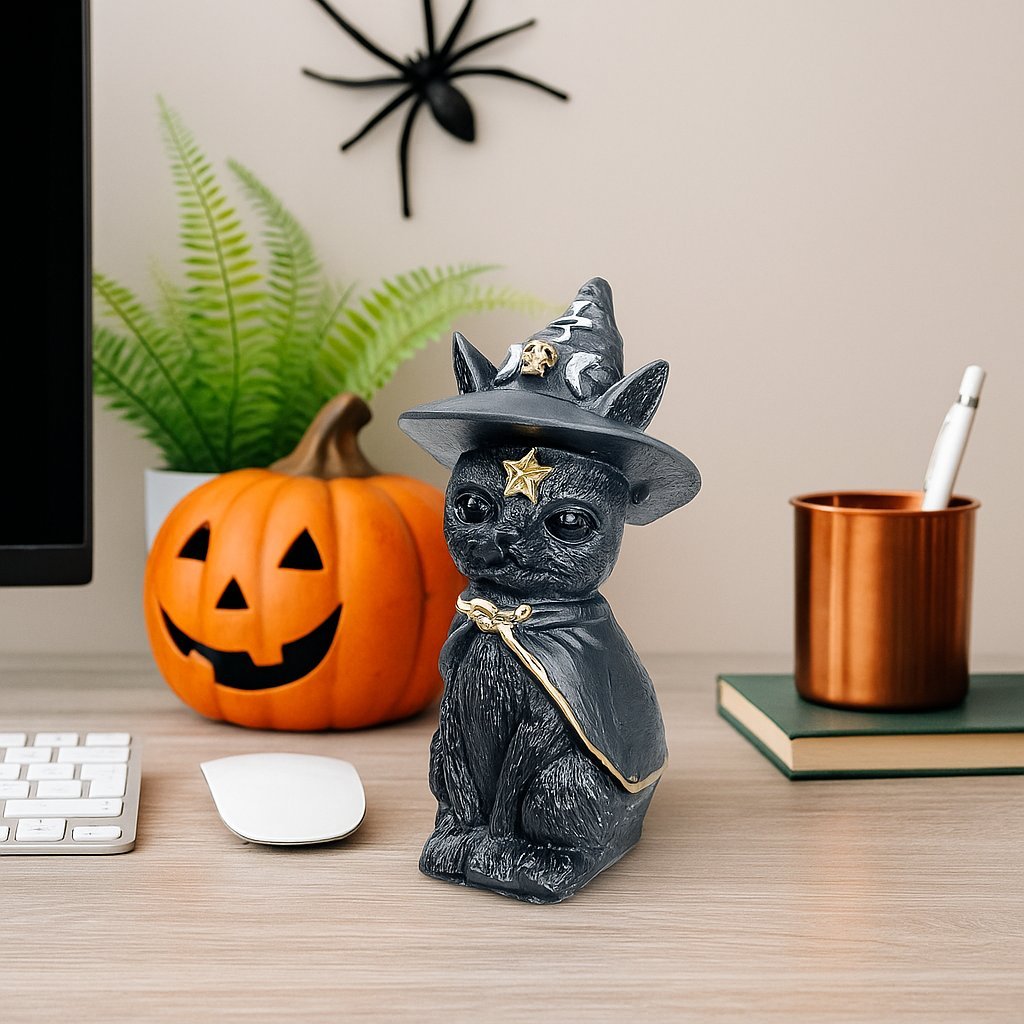 Estatua Estatueta Gato Bruxo Com Chapeu Wicca 10cm Resina Decoração