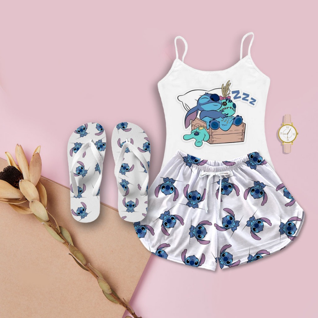 Kit Pijama Feminino Baby Doll Stitch Dormindo + Chinelinho De Dedo em Oferta na Shopee