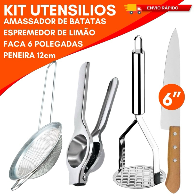 Kit Cozinha Completa 4 Peças Faca Cozinha Espremedor de Limão Amassador de Batatas Inox Peneira