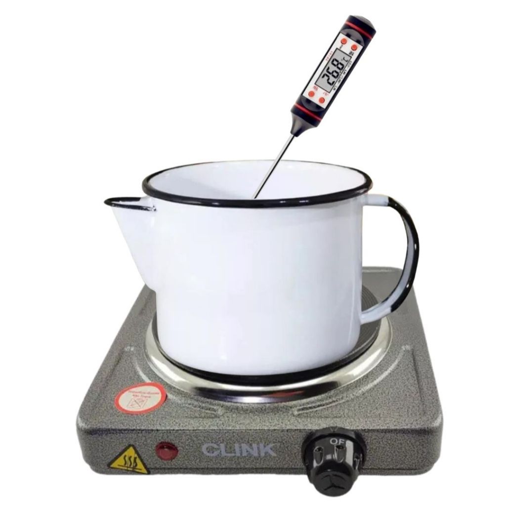 Kit Caneca branca Esmaltada 1L + Fogão preto ou Cinza Elétrico 110v + termômetro digital