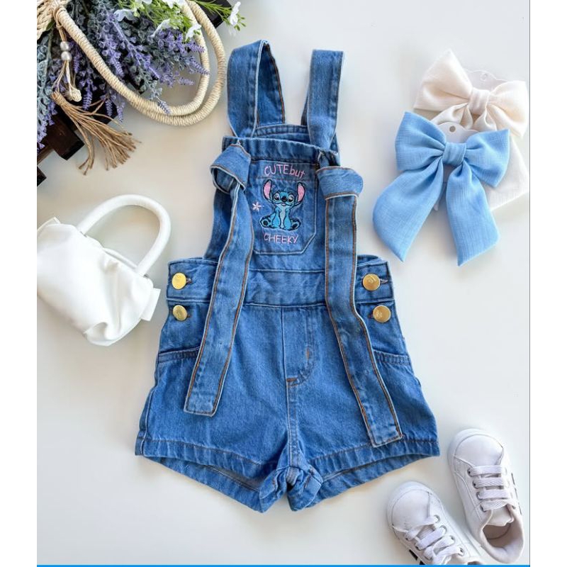 Macacão Jeans Feminina Curto Infantil Stich