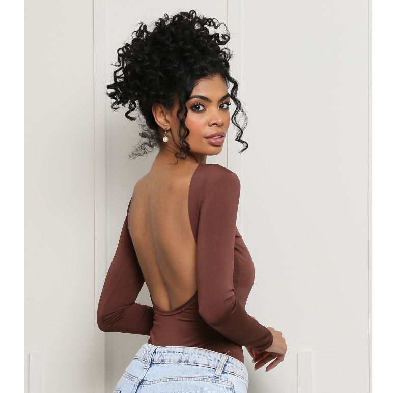 Body Manga Longa Marrom Aberto nas Costas em Oferta na Shopee
