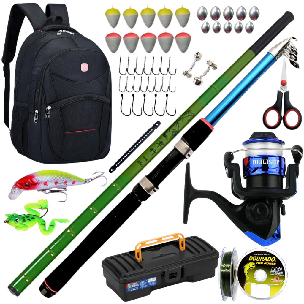 Kit Molinete de Pesca com Vara Telescópica Mão Mochila Isca Artificial Anzol Pescar Robalo Tucunare