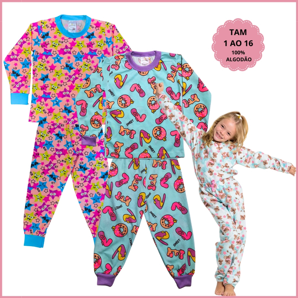 Kit 4 Peças Pijama Infantil Menina Inverno 2 Camiseta Manga e 2 Calça Punho Juvenil Algodão 1 ao 16