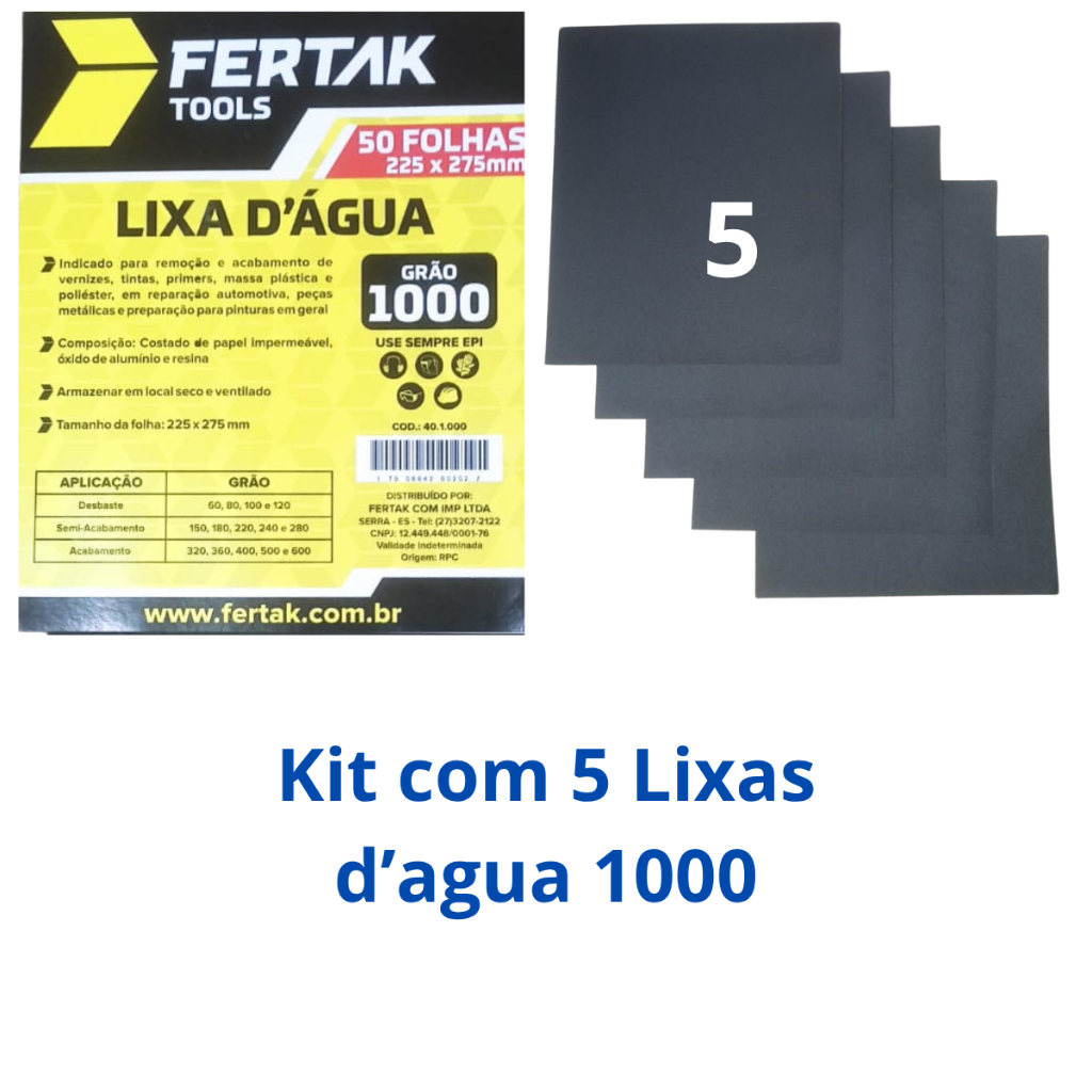 Lixa 1000 D'água Kit 5 Lixas Grão Polimento Lixamento Acabamento Folhas Fibra Metal Plástico Pedra