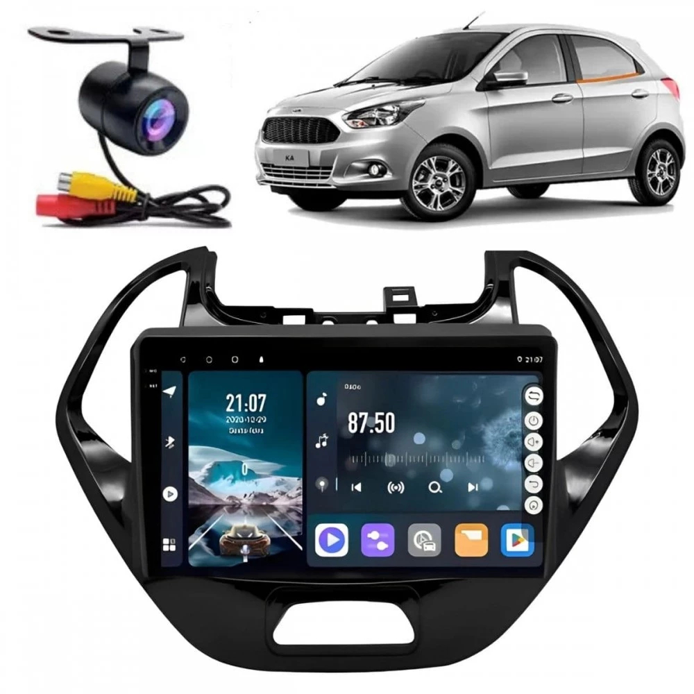 Central Multimídia Ford Ka 9P 2014 á 2018 Android Caplay +  Câmera Ré e Moldura
