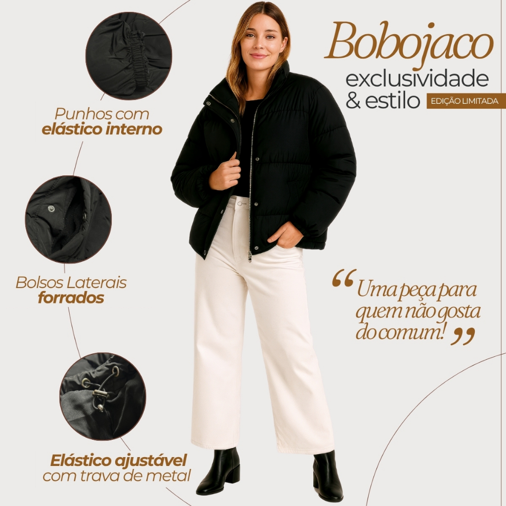 Jaqueta Puffer Feminina Forrada Com Bolso Zíper e Botão Reforçado Linha Super Premium Impo...
