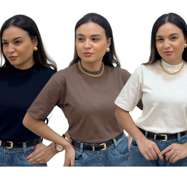 Kit 3 Blusa Feminina T-Shirts Camiseta Gola Alta 100% Algodão em Oferta na Shopee